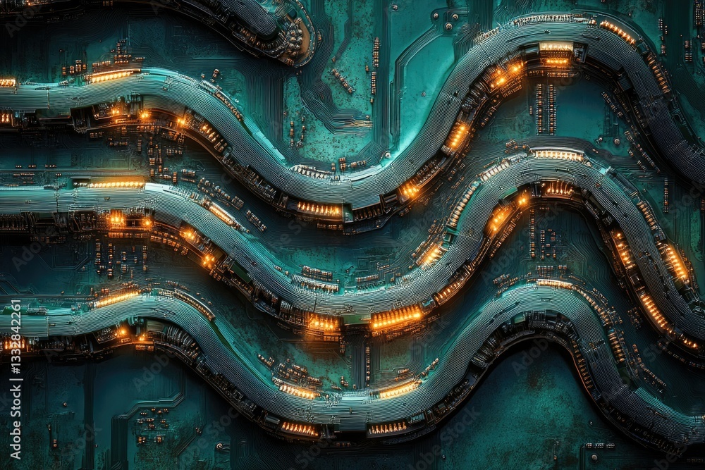 Poster abstract digital artwork depicting intricate, glowing circuitry pathways resembling a futuristic, se