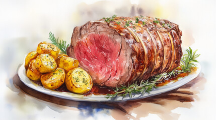 Watercolor Painting of Succulent Prime Rib with Roasted Potatoes  