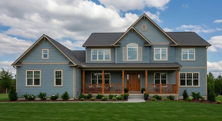 Front View of a Spacious Two-Story Blue-Gray Home with a Blend of Wood and Vinyl Siding