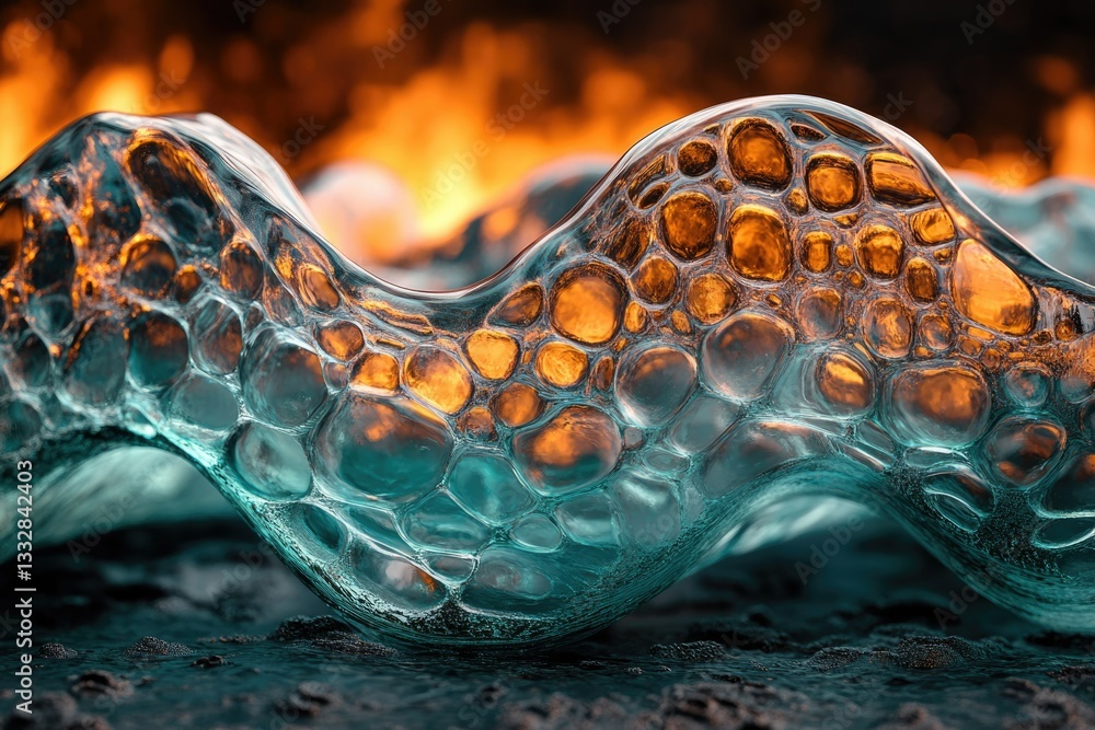 Poster abstract close-up of teal glass sculpted into a wave-like form with a fiery orange background.