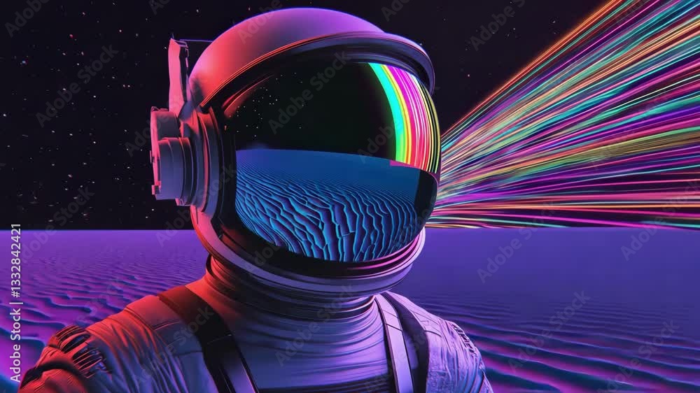 Poster an astronaut stands in a colorful surreal landscape with abstract patterns and a cosmic sky filled w