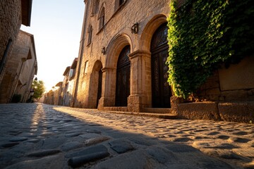 Obraz premium Sun-drenched cobblestone alleyway leads to ancient stone buildings