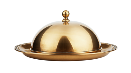 Golden serving cloche raised above empty golden plate, cut out. Isolated on a transparent background.