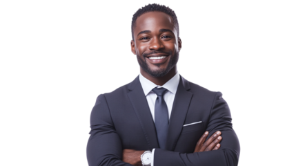 Happy african american businessman, cut out. Isolated on a transparent background.