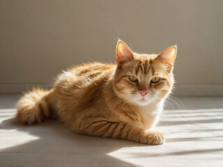 Obraz premium Red cat in the sun. The sun's rays illuminate the cat's bright fur. A cat contented with life on a light background.