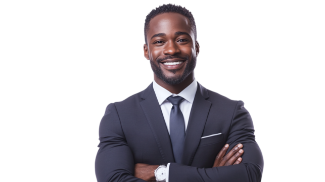 Happy african american businessman, cut out. Isolated on a transparent background.