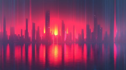 an artistic view of city skyline reflecting in water under vibrant red sky