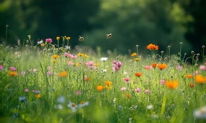 Two bees buzzing among vibrant wildflowers, dancing over a sunny summer meadow filled with colorful blooms and lush greenery