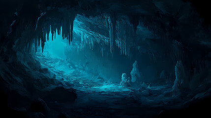 Mysterious cave with stalactites and dim lighting creates an eerie underground atmosphere. Underground Veins. Illustration