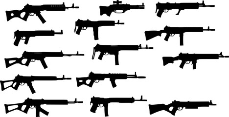 Graphic black detailed silhouette pistols, guns, rifles, submachines, revolvers and shotguns. Isolated on white background. Vector weapon and firearm icons set.