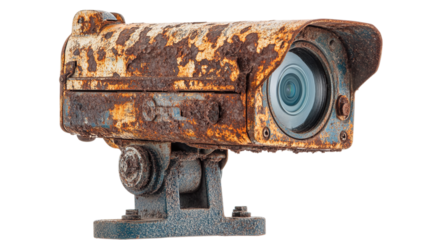 Rusty old security camera, cut out. Isolated on a transparent background.