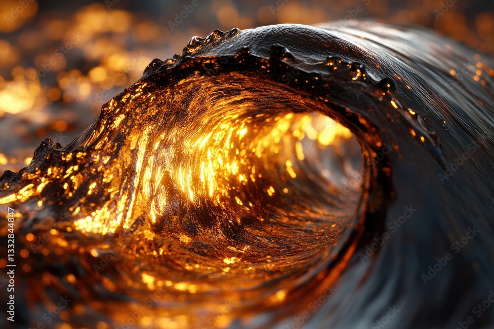 Aufkleber a mesmerizing close-up of a golden wave, glowing from within like molten fire.