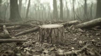 Obraz premium Tree stump in a misty forest with fallen branches.