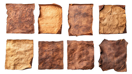 Set of ancient parchment sheets, cut out. Isolated on a transparent background.