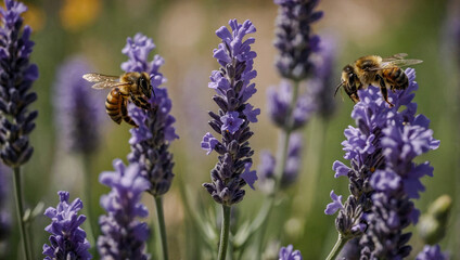 Obraz premium Close-up of lavender flowers with a bee resting on delicate petals