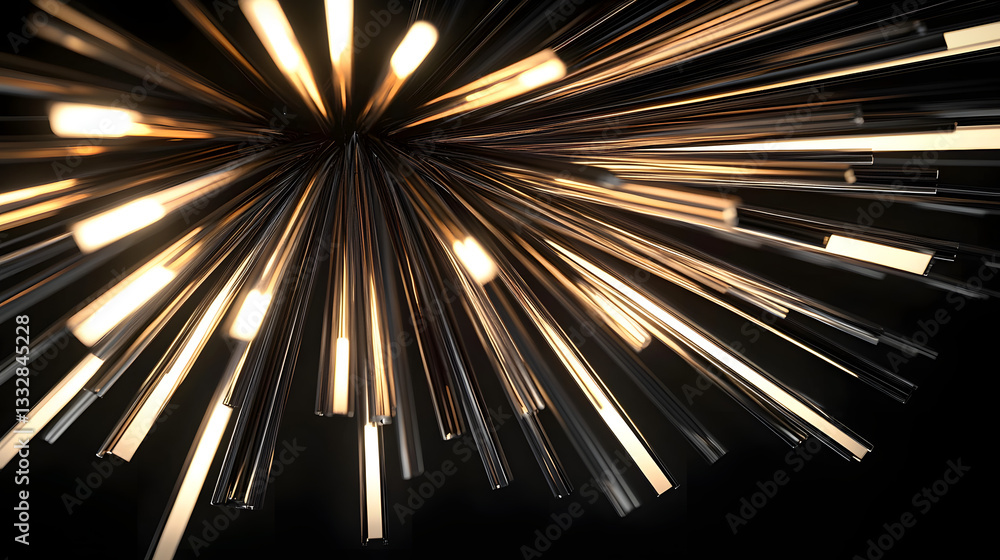 Poster 22h 3d rendering of a ceiling lamp in the shape of sun rays made of many 3d strips on a black backgr