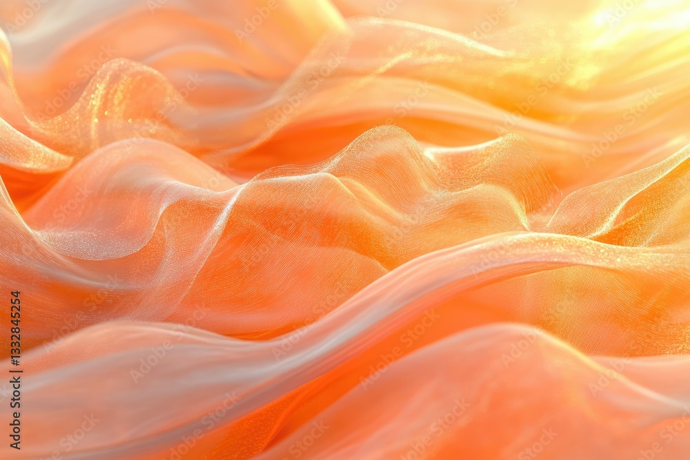 Aufkleber peach-colored sheer fabric, softly draped, illuminated by warm light, creating elegant waves and tex