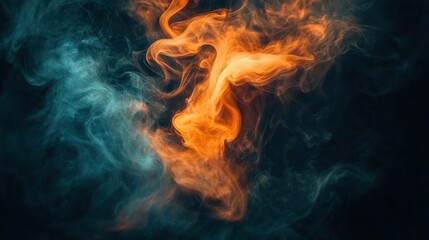 Abstract swirling smoke patterns of orange and teal colors against a dark background