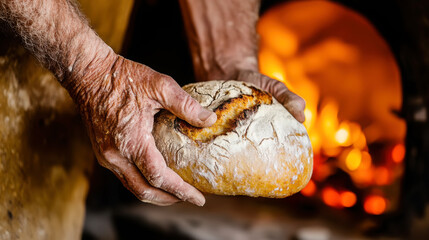 Fototapeta premium Elderly artisan baker with freshly baked crackling bread from traditional wood-fired oven