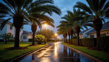 Fototapeta premium Palm tree-lined street after rain with reflections on wet pavement under glowing evening lights