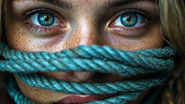 Woman with intense blue eyes gagged with rope.
