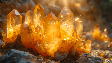 Glowing amber crystals illuminated by sunlight in a rocky cave, creating a magical atmosphere