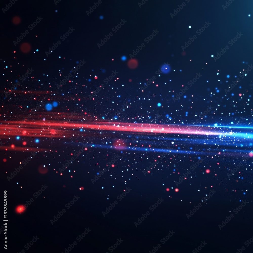 Poster Abstract Red and Blue Particle Stream on Dark Background - Futuristic Light Trail