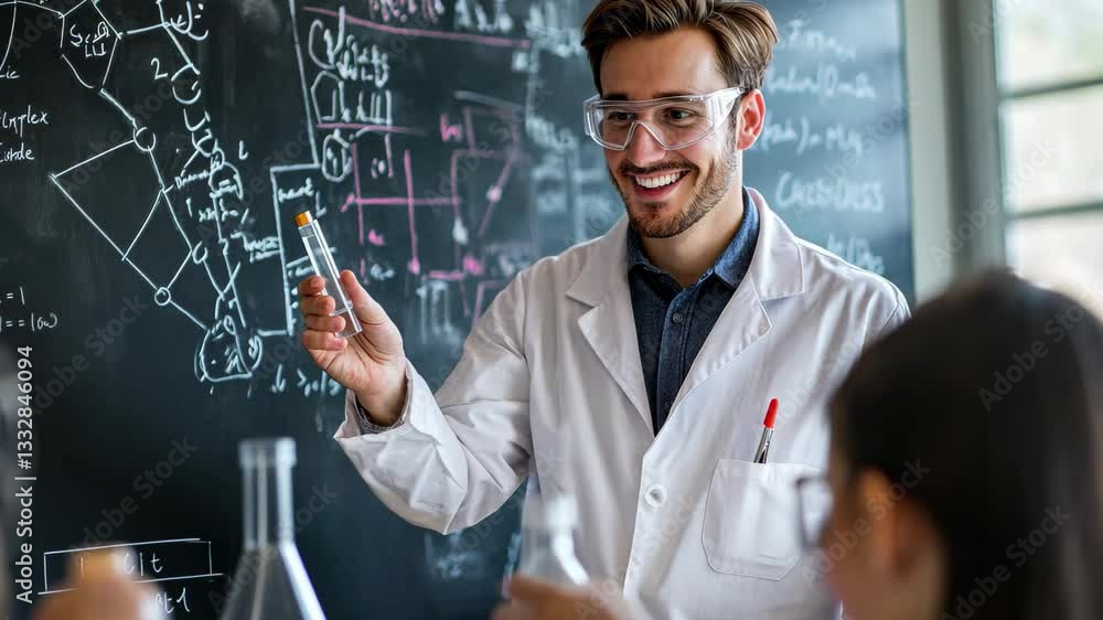 Poster chemistry teacher explains experiment to students with formulas on chalkboard in classroom, chemistr