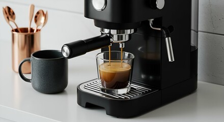 Modern black coffee maker brews espresso in a glass cup 