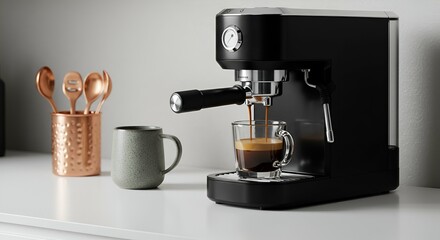 Modern black coffee maker brews espresso in a glass cup 