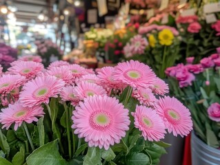 Vibrant Pink Gerbera Daisies in a Flower Market Surrounded by Colorful Blooms Capturing Nature's Beauty and Freshness