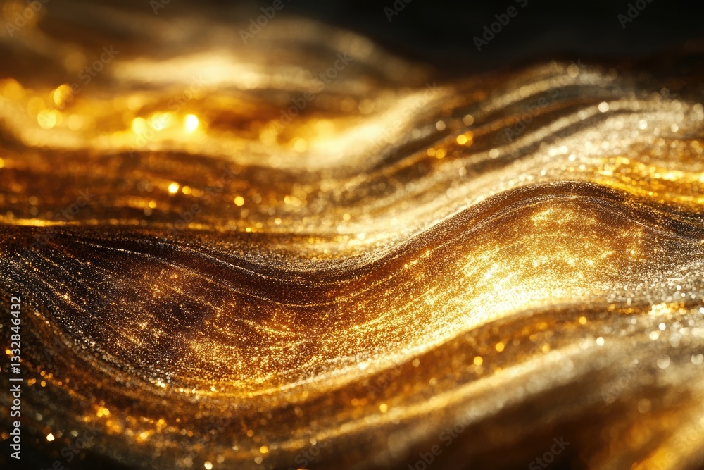 Poster golden, glittering fabric waves shimmer with light, creating a luxurious and opulent texture.