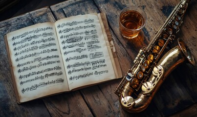 Naklejka premium Golden saxophone, music sheets, and a glass of whiskey create a cozy and nostalgic atmosphere on a rustic wooden table
