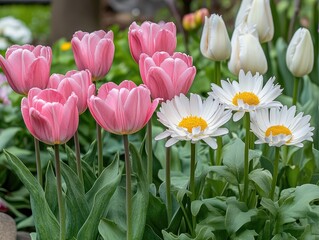 Fototapeta premium Vibrant Pink Tulips and White Daisies Blooming Together in a Lush Garden Setting Surrounded by Green Foliage and Scenic Nature Background