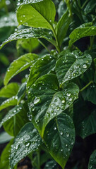 Close-up of lush green leaves with dewdrops