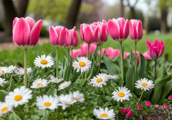 Obraz premium Vibrant Pink Tulips and White Daisies in a Lush Green Garden Setting with Soft Natural Light and Seasonal Spring Colors