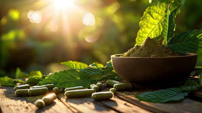 kratom herbal in Thailand with medicine powder and capsules on wooden table background, beautiful sunlight, photography, hyper-real, space for text,