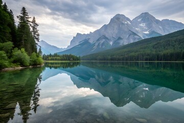 A reflection of mountains in a clear, still lake