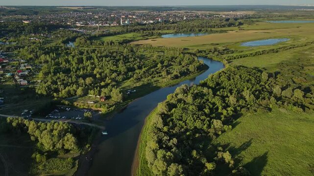 Aerial view of a lush island in the river near Yelabuga