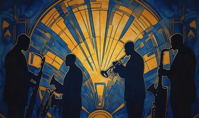 Silhouetted jazz musicians playing trumpet and saxophone against an elegant art deco background, capturing the spirit of vintage nightlife