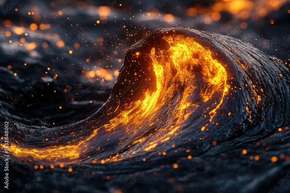 Poster a fiery wave of molten lava, glowing intensely with sparks and embers.
