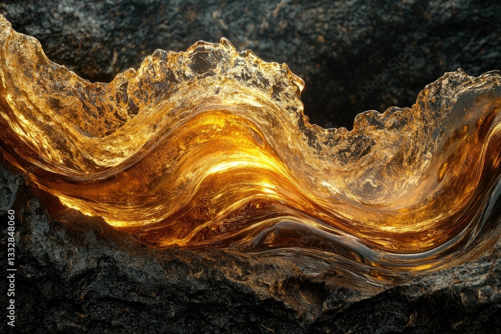 Poster golden liquid wave flowing over dark rock, illuminated from within, creating a dramatic contrast.