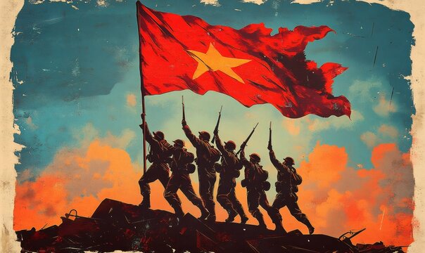 Vietnamese soldiers raising their national flag on a battlefield after a victory, celebrating the triumph with pride and determination