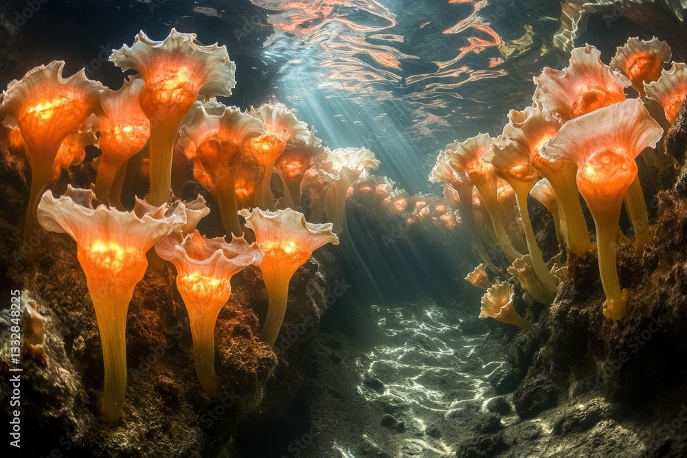 Poster luminescent underwater flora illuminates a submerged passage, creating a magical, ethereal scene.