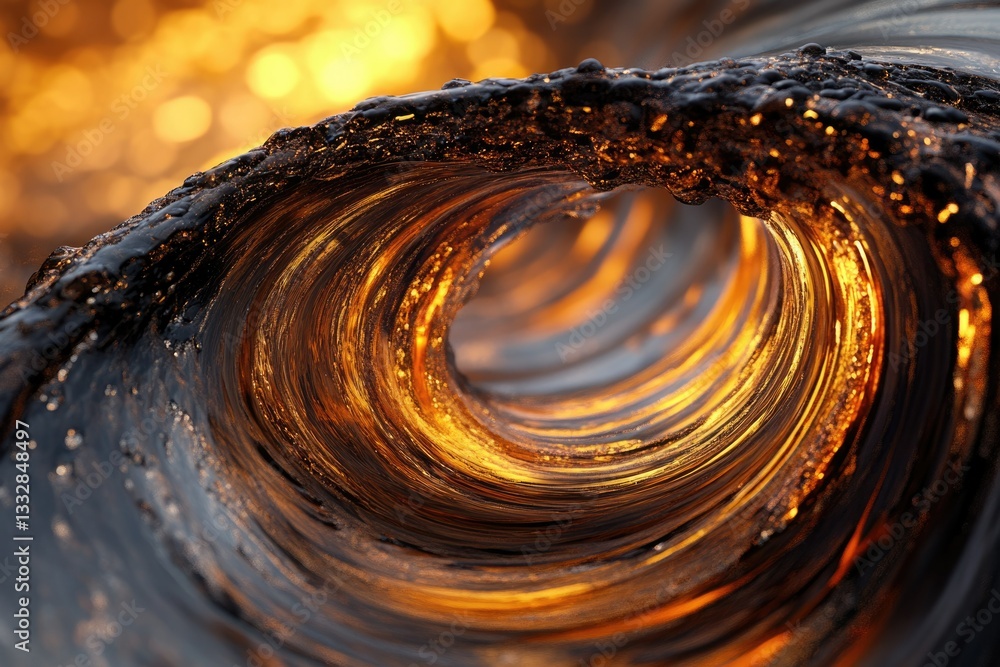 Poster Golden hour illuminates a powerful ocean wave, creating a mesmerizing swirling tunnel of water and light.