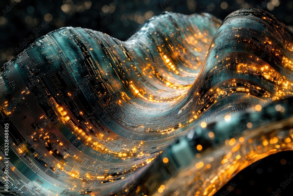 Poster abstract digital wave, glowing circuit board texture, futuristic technology concept.