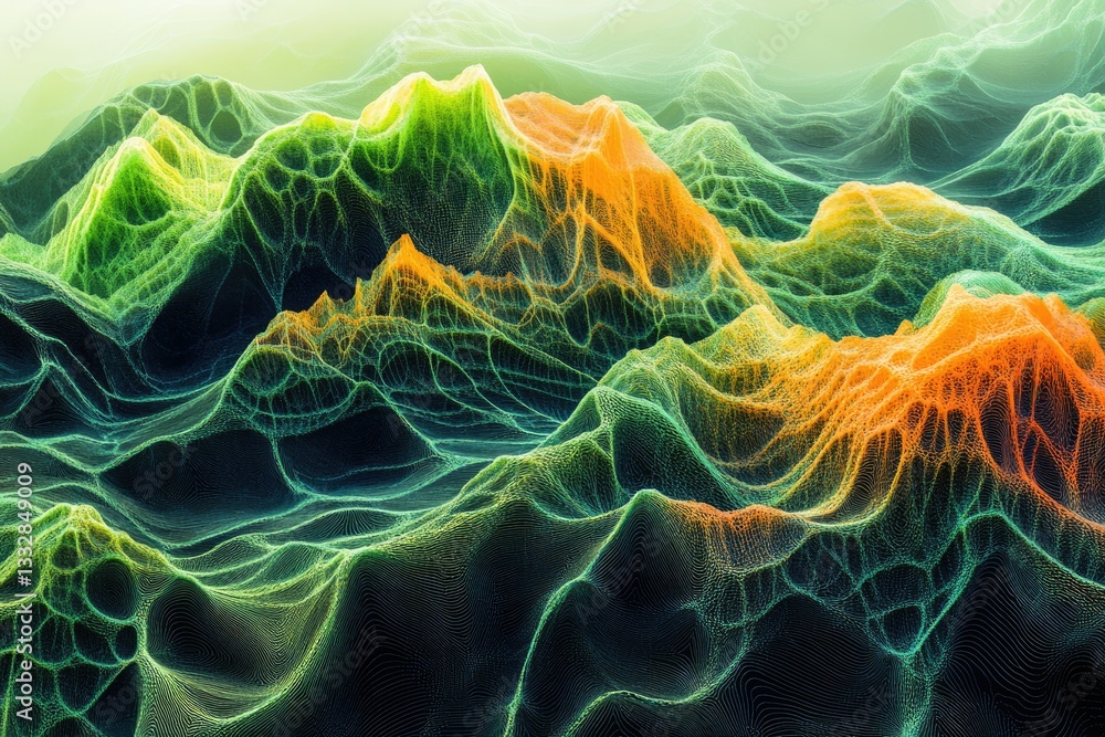 Poster abstract landscape of vibrant green and orange hues, resembling a digital mountain range formed from
