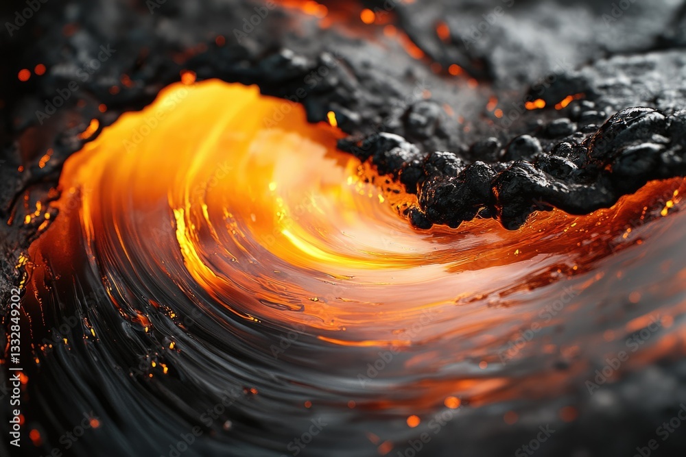 Poster molten lava swirls creating a mesmerizing fiery wave, a spectacle of nature's raw power.