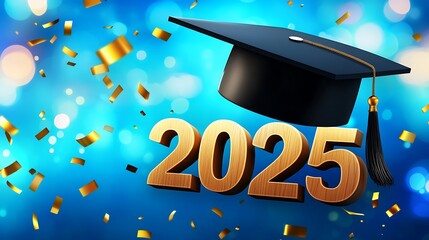 Graduation cap 2025 gold numbers, confetti on blue