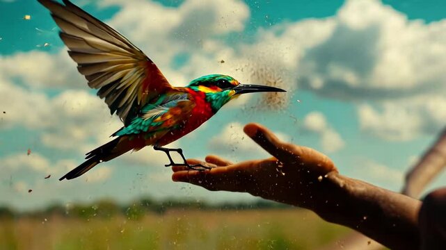 Beeeater elegantly tosses food while captivating a curious observer in nature's vibrant landscape, bee-eater throws out a riddle, interesting moment